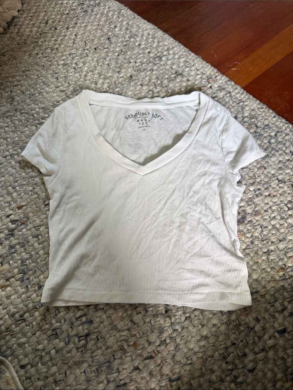 Aeropostale Cream Ribbed V-Neck Short Sleeve Tee